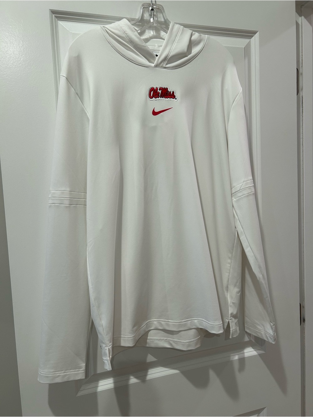 Nike White Pullover Hoodie with Red Ole Miss Patch and Red Swoosh, Men’s L